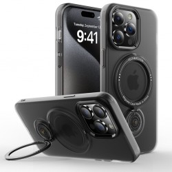 iPhone 14 Pro Magsafe Uyumlu 360 Dönebilen Standlı Manyetik Silikon Kılıf (Siyah)