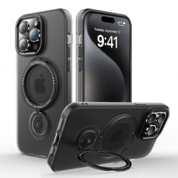 iPhone 14 Pro Magsafe Uyumlu 360 Dönebilen Standlı Manyetik Silikon Kılıf (Siyah)