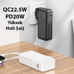 Hoco J126 USB-A+Type-C Çıkışlı Type-c+Lightning Kablolu 10000mAh Powerbank Şarj Aleti (Beyaz)