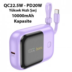 HOCO Q20 Fountain 10000mAh 22.5W+PD20W Dijital Göstergeli Kablolu Powerbank (Mor)