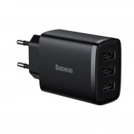 Baseus Kompakt 3 USB Portlu 17W Hızlı Şarj Başlığı Adaptörü (Siyah)