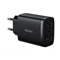 Baseus Kompakt 3 USB Portlu 17W Hızlı Şarj Başlığı Adaptörü (Siyah)