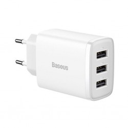 Baseus Kompakt 3 USB Portlu 17W Hızlı Şarj Başlığı Adaptörü (Beyaz)