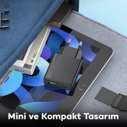Hoco N38 Delgado PD20W + QC3.0 Hızlı Şarj Adaptörü (Siyah)