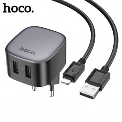 Hoco CS31A 2xUSB + Lightning Kablo Hızlı Şarj Adaptör Seti (Siyah)