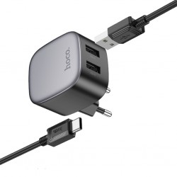 Hoco CS31A 2xUSB + Type-C to USB Kablo Hızlı Şarj Adaptör Seti (Siyah)
