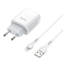 Hoco C73A Çift USB Girişli Hızlı Şarj Adaptörü ve Hızlı İPhone Şarj Kablosu 1M (Beyaz)