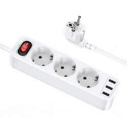 HOCO NS2 3'lü Priz 3 USB 4000W 1.8 Metre Şarj Uzatma Kablosu Akım Korumalı (Beyaz)
