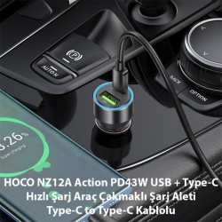 HOCO NZ12A Action PD43W USB + Type-C Araç Çakmaklık Hızlı Şarj Aleti + Type-C to Type-C Kablo (Siyah)