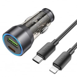HOCO NZ12A Action PD43W USB + Type-C Araç Çakmaklık Hızlı Şarj Aleti + Type-C to iPhone Lightning Kablo (Siyah)