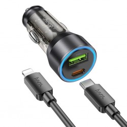 HOCO NZ12A Action PD43W USB + Type-C Araç Çakmaklık Hızlı Şarj Aleti + Type-C to iPhone Lightning Kablo (Siyah)
