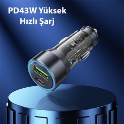 HOCO NZ12A Action PD43W USB + Type-C Hızlı Şarj Araç Çakmaklı Şarj Aleti (Siyah)