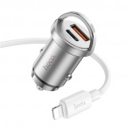 HOCO NZ10 PD45W+QC3.0 USB + Type-C Araç Çakmaklık Hızlı Şarj Aleti+ İPhone Kablo (Gümüş)