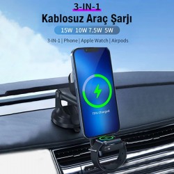 Wireless Şarjlı 3in1 Torpido Üstü Ve Havalandırma Telefon, Kulaklık, Saat Tutucu (Siyah)