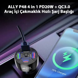 P48 4 in 1 PD20W + QC3.0 Araç İçi Çakmaklık Hızlı Şarj Başlığı (Siyah)
