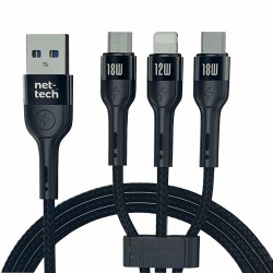Nettech NT-DC13 İp Örgü 100 Cm USB To Micro + Lightning + Type-C Şarj ve Data Kablosu