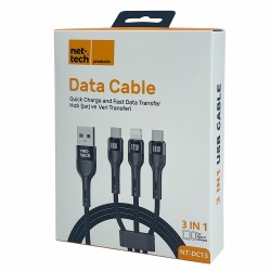 Nettech NT-DC13 İp Örgü 100 Cm USB To Micro + Lightning + Type-C Şarj ve Data Kablosu