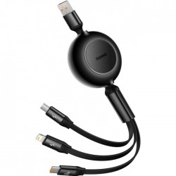 Baseus 66W Makaralı 3in1 Type-C + Lightning + Micro USB Kablo Hızlı Şarj Kablosu (Siyah)
