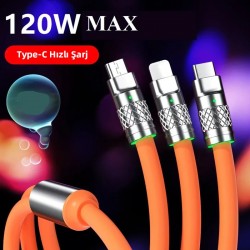 3 in 1 Usb to Type-C + Micro Usb + Lightning 120W Hızlı Şarj Kablosu (Turuncu)