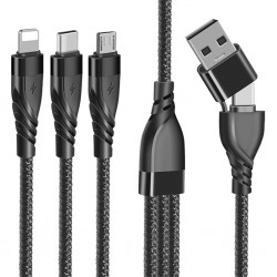 3in1 Type-C + USB To Lightning + Type-c + Micro Usb Şarj ve Data Kablosu (Siyah)