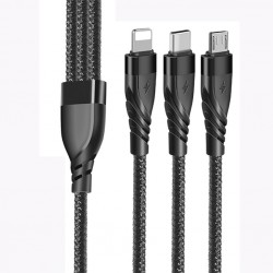 3in1 Type-C + USB To Lightning + Type-c + Micro Usb Şarj ve Data Kablosu (Siyah)