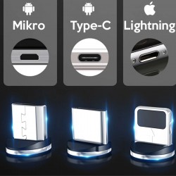 Magnetic-Mıknatıslı Lightning + Type-C + Micro USB USB 3 Başlık Şarj Kablosu 2 Metre (Siyah)