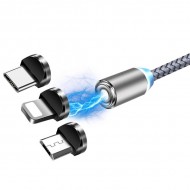 Magnetic-Mıknatıslı Lightning + Type-C + Micro USB USB 3 Başlık Şarj Kablosu 2 Metre (Gri)