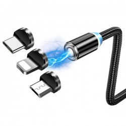 Magnetic-Mıknatıslı Lightning + Type-C + Micro USB USB 3 Başlık Şarj Kablosu 1 Metre (Siyah)