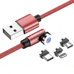 Floveme 540 Dönebilen Miknatisli Micro+Lightning+Type-C Usb Sarj Kablosu (Kırmızı)