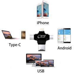 Card Reader 4in1 Type-C- İphone Lightning-Micro Usb Hafıza Kart Okuyucu (Siyah)