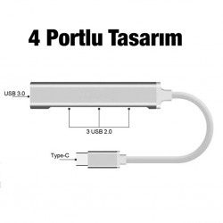 C-809 4in1 Type-C to USB Hub Adaptör Çevirici Dönüştürücü Çoğaltıcı (Gümüş)