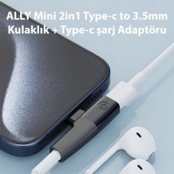 Mini 2in1 Type-C to 3.5mm Kulaklık + Type-c şarj Adaptöru (Siyah)