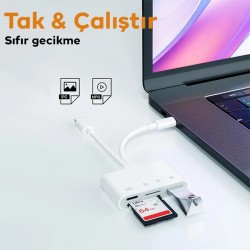 NK-104pro USB-C / 8-pin SD TF kart okuyucu 4-in-2 kamera bellek kart okuyucu SD + TF + USB OTG + USB-C Şarj Adaptörü (Beyaz)