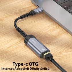 Hoco UA26 Type-c OTG RJ45 İnternet Adaptörü Dönüştürücü 1000 Mbps (Gri)