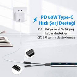 İphone 15 İçin Type-c Şarj + 3.5mm kulaklık 2İn1 Çevirici Adaptör (Siyah)