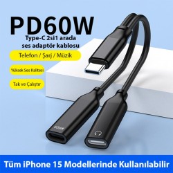 İphone 15 İçin Type-c Şarj + kulaklık 2İn1 Çevirici Adaptör 60W (Siyah)