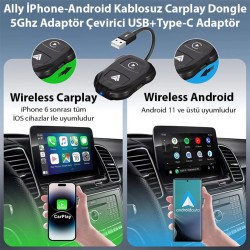 İPhone-Android Kablosuz Carplay Dongle 5Ghz Adaptör Çevirici USB+Type-C Adaptör (Siyah)