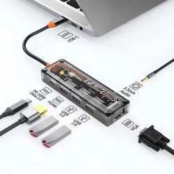 6in1 Type-c To USB3.0 + USB2.0 + Type-c PD 100W + HDMI + VGA + 3.5mm Çoğaltıc Transparanı Hub