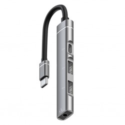 4in1 Type-C+3.5mm+USB Girişli Çoğaltıcı Adaptör Çevirici Hub (Gri)