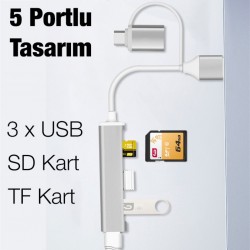 A-807 5in1 Type-C + USB Girişli USB 3.0 Çoğaltıcı Hub Adaptör (Gri)