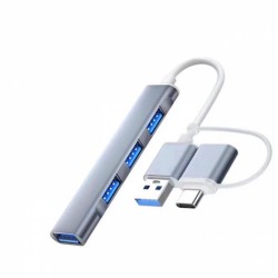 A-806 4in1 Type-C + USB Girişli USB 3.0 Çoğaltıcı Hub Adaptör Çevirici (Gri)