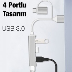 A-806 4in1 Type-C + USB Girişli USB 3.0 Çoğaltıcı Hub Adaptör Çevirici (Gri)