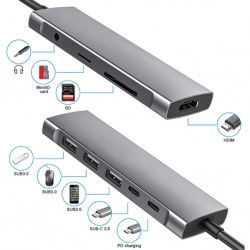 9 İn1 Type C 4k 30hz Hdmi Usb 3.0,Sd,PD Hub Adaptör Dönüştürücü (Gri)