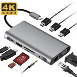 10 İN 1 HDMI VGA RJ45 PD USB 3.0 HUB Adaptör Çoklayıcı (Gri)