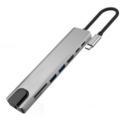 8 Port Usb 8in1 3.0 Type-C Hdmi 3XUSB+2 PD RJ45 Hub Adaptör Çoklayıcı TF SD Kart (Gri)