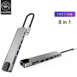8 Port Usb 8in1 3.0 Type-C Hdmi 3XUSB+2 PD RJ45 Hub Adaptör Çoklayıcı TF SD Kart (Gri)