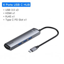 Baseus Usb Type C 6in1 HDMI 3x USB 3.0 RJ45 Çoğaltıcı Adaptör (Gri)