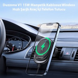 Duzzona V1 15W Manyetik Kablosuz Wireless Hızlı Şarjlı Araç İçi Telefon Tutucu (Siyah)
