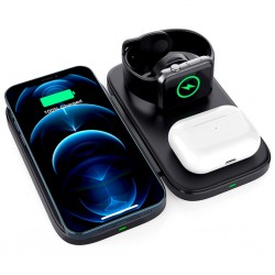 W66 15W 3 in1 Android + iPhone Taşınabilir Mini Kablosuz Hızlı Şarj Standı (Siyah)