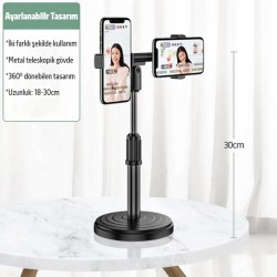 Masaüstü Sosyal Medya Youtube Tiktok Canlı Yayın Çift Telefon Tutucu Stand (Siyah)